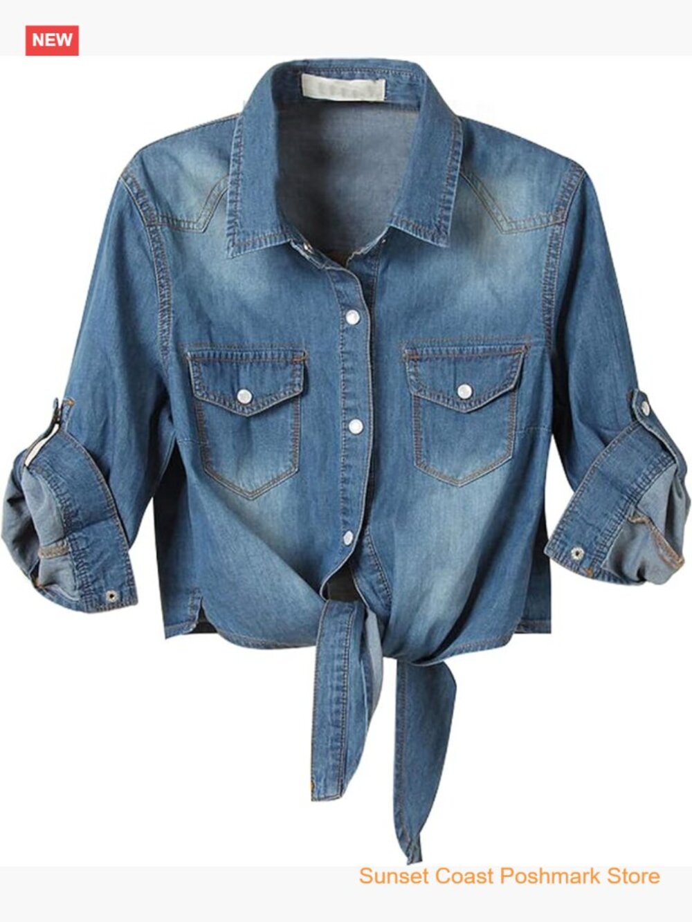Womens Button Down Tie Front Crop Denim Jean Shirt 3/4 Sleeve